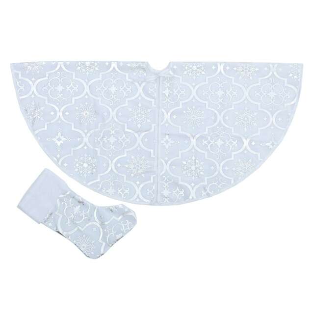 Living and Home Round Shape Christmas Tree Base Skirt with Stocking - White