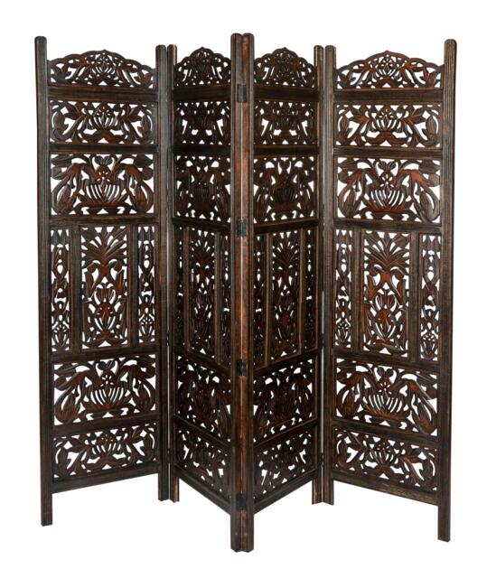 4 Panel Heavy Duty Carved Screen Wooden Leaves Design Room Divider Dark Brown 200 x 180 cm Brown Dark Brown 200 x 180 cm