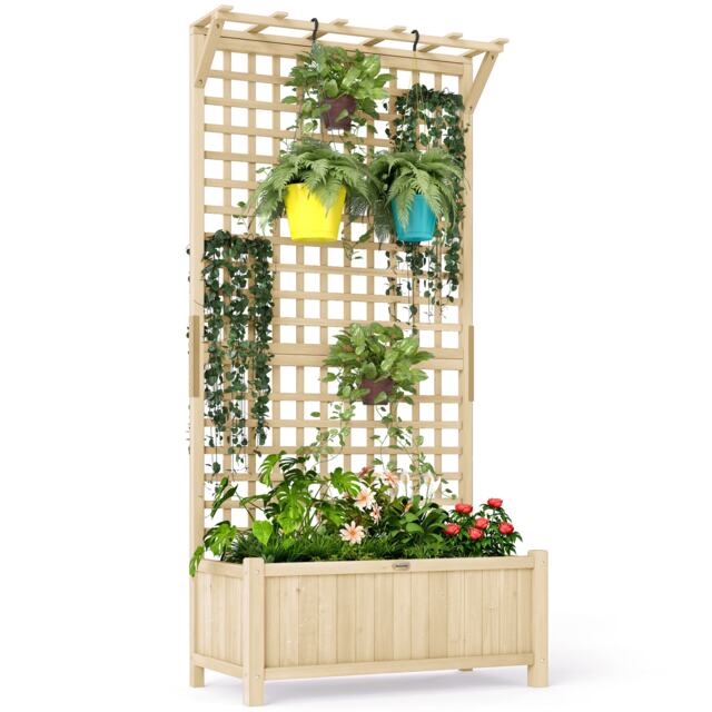 Outsunny Wood Planter with Trellis for Climbing Plants Vines Planter Box Natural Brown Natural wood finish
