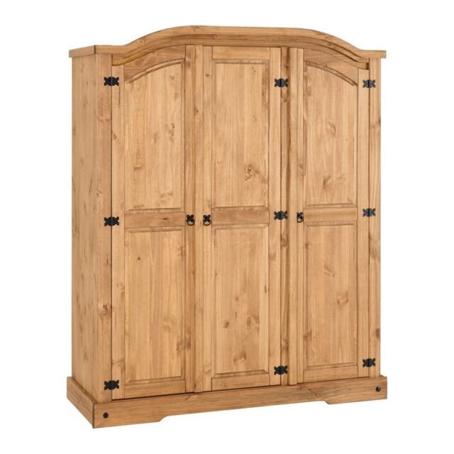 Corona 3 Door Wardrobe - L57 x W151.5 x H187 cm - Distressed Waxed Pine Brown