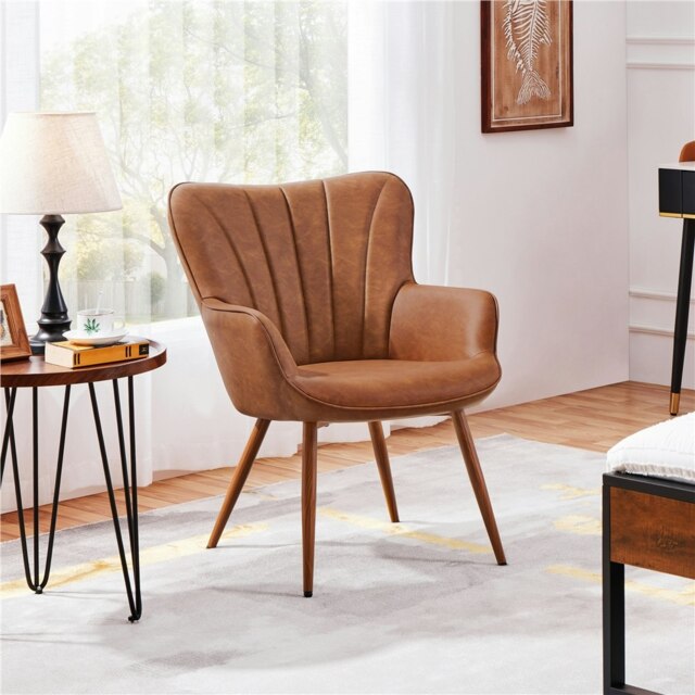 Yaheetech Modern Pleated Curved Back Faux Leather Accent Chair Brown Retro Brown