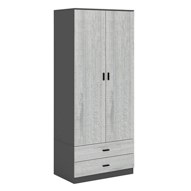 2-Door 2-Drawer Wardrobe with Storage Shelf, and Hanging Space - 180x75x46cm Black Black & Ash Grey 1