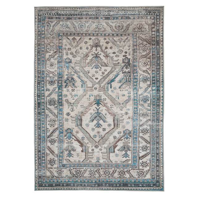 Beige Grey Traditional Bordered Medallion Washable Living Room Area Rug - 80x150cm Cream