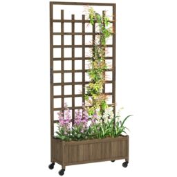 Outsunny Wooden Trellis Planter, Raised Garden Bed with Wheels, Brown Brown Brown