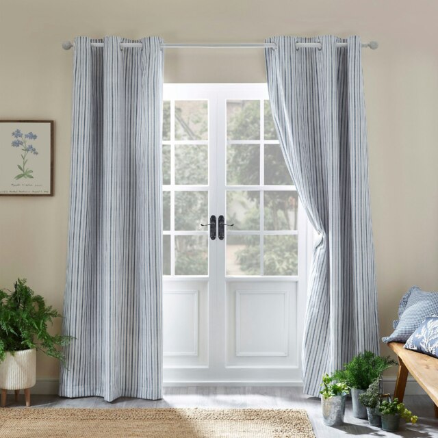 Catherine Lansfield Logan Stripe 90x90 Inch Lined Eyelet Curtains Blue Blue