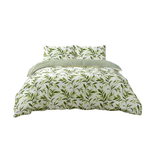 Duvet Cover And Pillowcase Set Reversible Leaf And Stripe Design Polycotton Bed Linen Green Green King