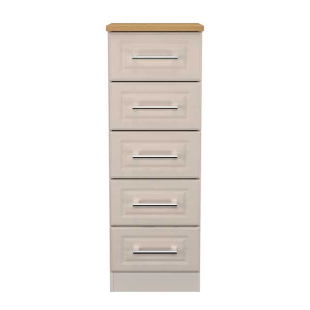 Norfolk 5 Drawer Tall Bedside Cabinet in Kashmir Ash & Modern Oak (Ready Assembled) Cream Kashmir Ash & Modern Oak