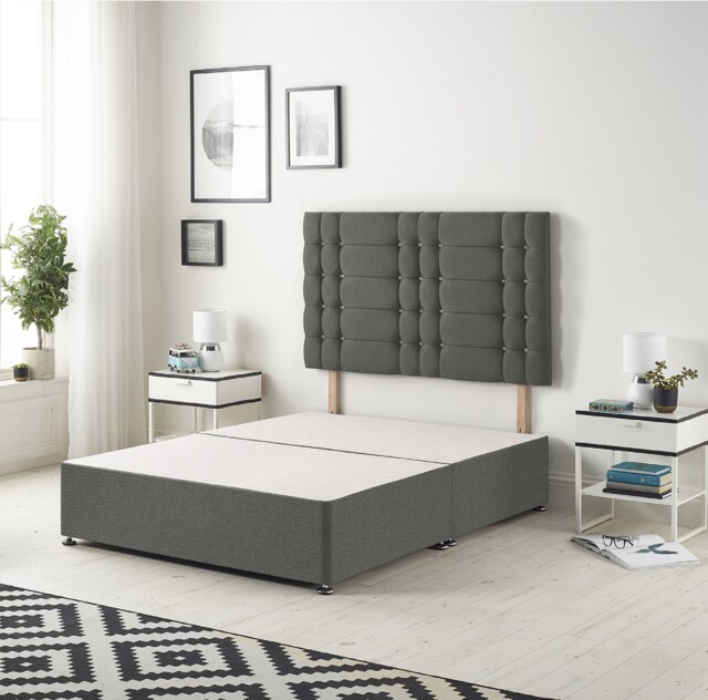 Astoria Divan Bed Base with 30 Inch Diamonte Button Headboard Linen Fabric Grey Grey Single