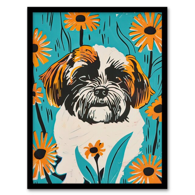 Vibrant Shih Tzu Daisy Portrait Dog Lover Floral Black Framed Wall Art Print A4