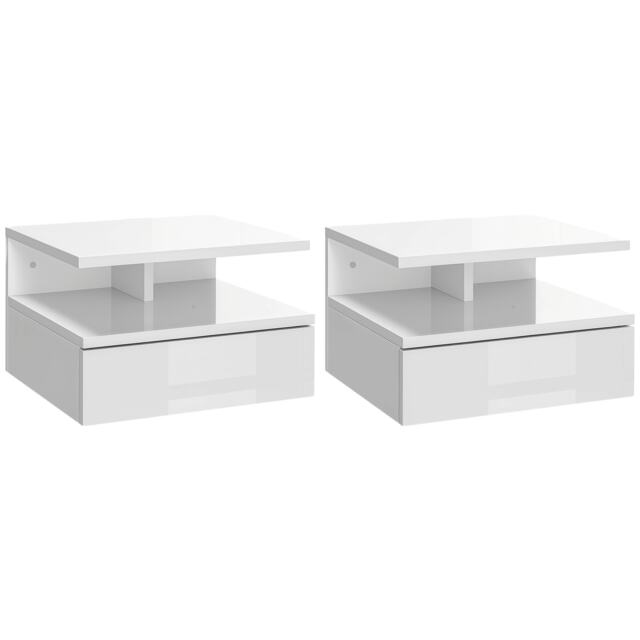 HOMCOM Nightstand Set of 2, Wall Mounted Bedside Cabinet, High Gloss White
