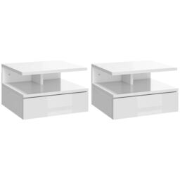 HOMCOM Nightstand Set of 2, Wall Mounted Bedside Cabinet, High Gloss White