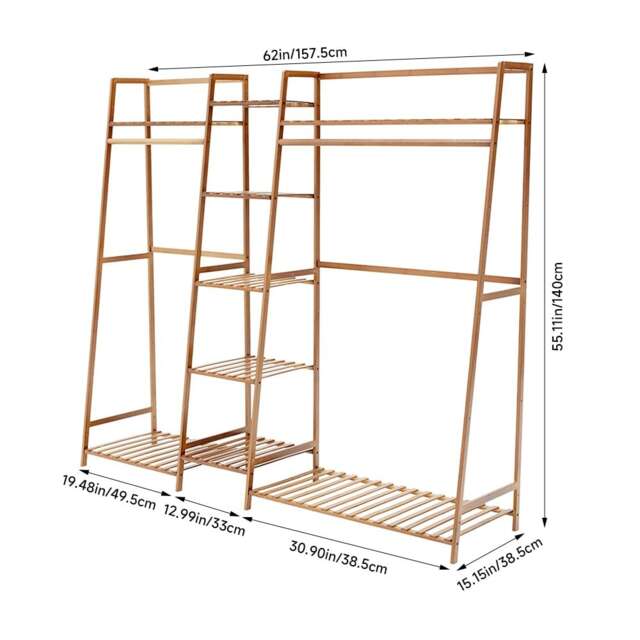 Living and Home Trapezoid Bamboo Garment Rack with Tiered Storage Shelves Brown