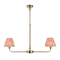 Lille Antique Brass Plate Pendant Light with Coral Pink Fabric Ikat Shade 16cm 2x B22