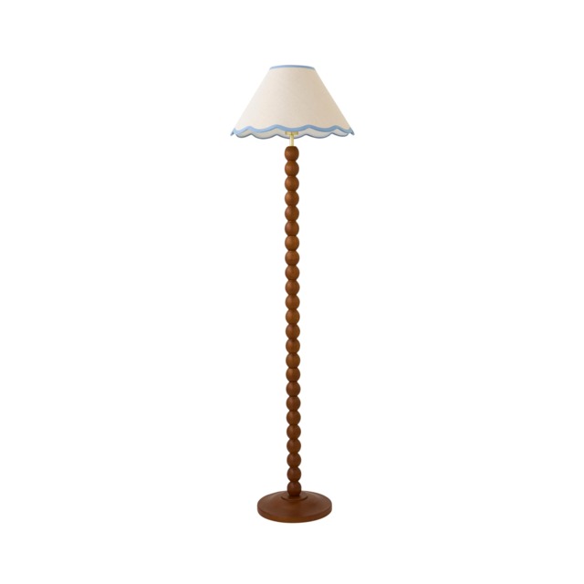 ValueLights Bobble Walnut Floor Lamp Blue Trim Scallop Shade & Bulb Brown Blue