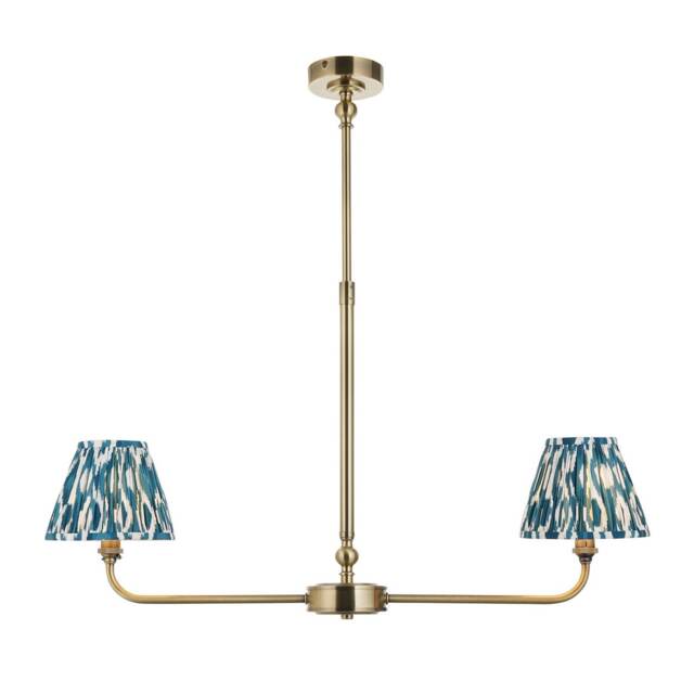 Lille Antique Brass Plate Pendant Light with Marlin Blue Fabric Ikat Shade 16cm 2x B22