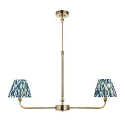Lille Antique Brass Plate Pendant Light with Marlin Blue Fabric Ikat Shade 16cm 2x B22