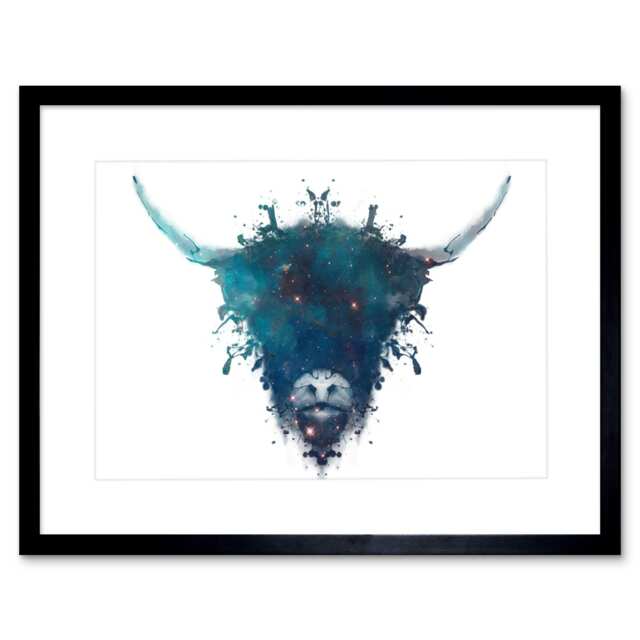 "Ink Stars Double Exposure Scottish Highland Cow 9x7"" Black Framed Wall Art Print"