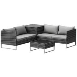 Outsunny Rattan Garden Furniture Set with Storage Table, Cushions, Grey