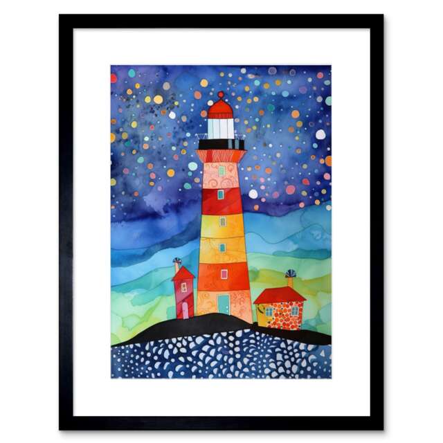"Lighthouse Starry Night Folk Art Watercolour Painting 9x7"" Black Framed Wall Art Print"