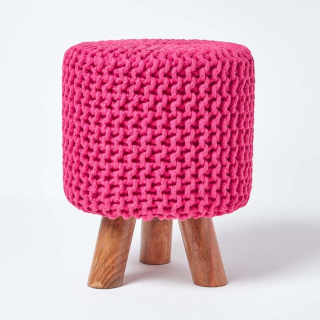Homescapes Hot Pink Tall Cotton Knitted Footstool on Legs