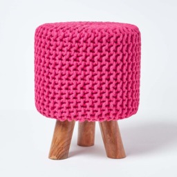 Homescapes Hot Pink Tall Cotton Knitted Footstool on Legs