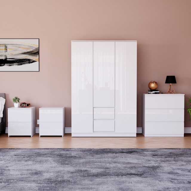 Vida Designs Glinton 4 Piece FSC Certified Bedroom Set (2 Drawer Bedside Chest x2, 3 Drawer Chest, 3 Door 2 Drawer Wardrobe), White White White