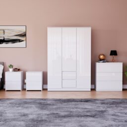 Vida Designs Glinton 4 Piece FSC Certified Bedroom Set (2 Drawer Bedside Chest x2, 3 Drawer Chest, 3 Door 2 Drawer Wardrobe), White White White