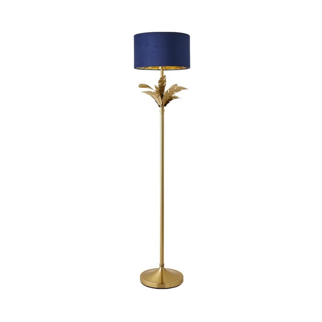 ValueLights Christina Gold Palm Leaf Floor Lamp Navy Velvet Gold Shade and Bulb