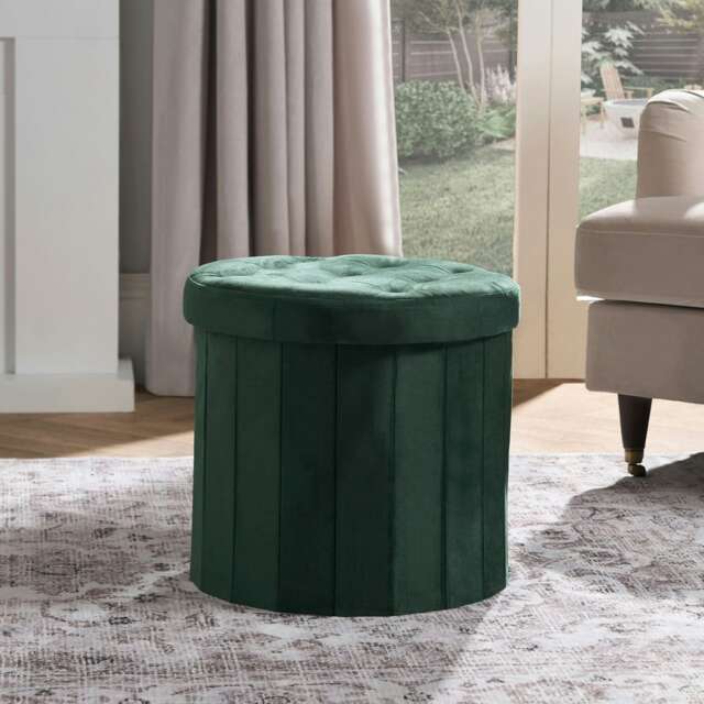 OHS Matte Velvet Soft Round Foldable Footstool Seat Storage Organiser Ottoman Green Forest Green