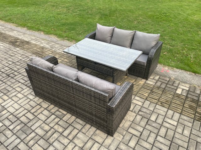 Fimous Patio Rattan Garden Furniture Set with Oblong Rectangular Dining Table 6 Seater Outdoor 3 Seater Sofa Set Dark Grey Mixed