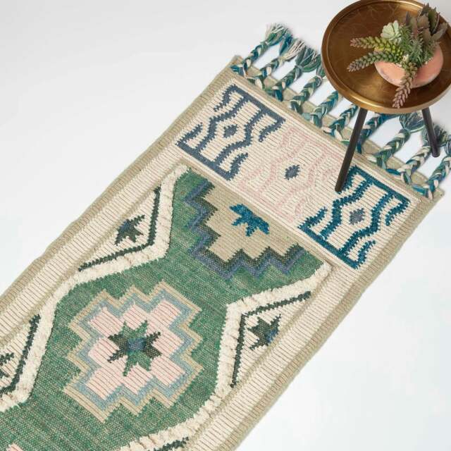Homescapes Matala Green and Blue Kilim Runner Wool Rug - 66 x 200 cm Green 66 x 200 cm