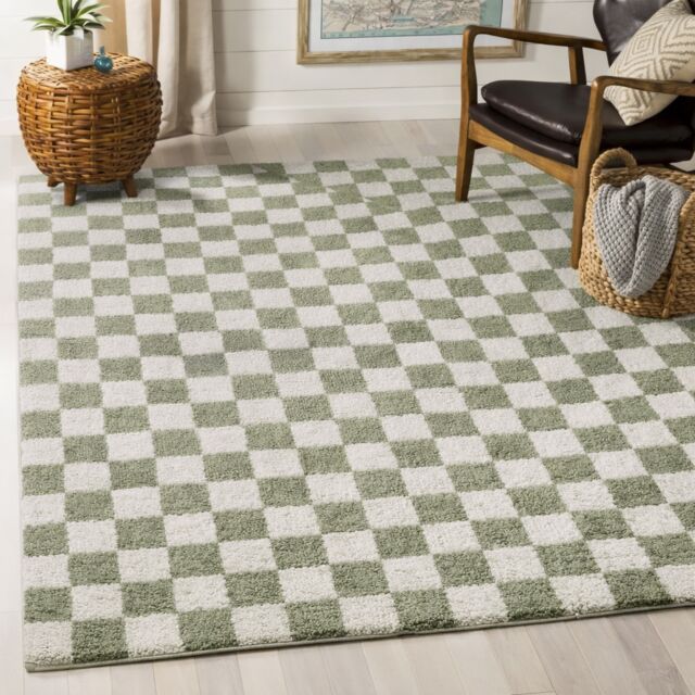 LIVABLISS Fossay Shaggy-Washable High Pile Checkered Rug 140 x 200 cm Beige Green