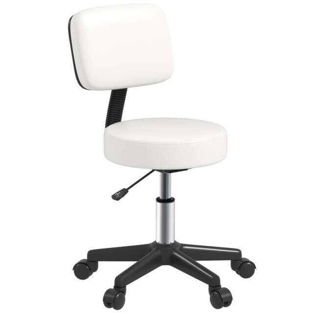 HOMCOM Beautician's Swivel Salon Chair with Padded Seat Back 5 Wheels Adjustable Height Salon Hairdressers Tattoo Spa Rolling Cushion Professional 48cm White