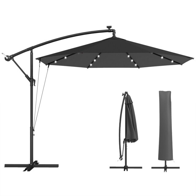 Outsunny 3 m Cantilever Parasol Solar LED Lights Black Black 295 x 295 x 245 cm