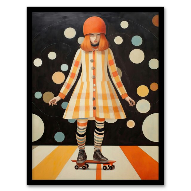 Surreal Skater Girl Retro Skate Park Orange Black Framed Wall Art Print A4