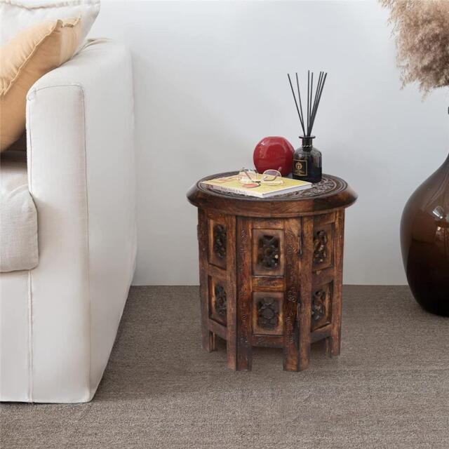 Antique Effect Round Carved Wooden Bedside Lamp Table Side End Coffee Table Medium 38 x 38 x 38 cm