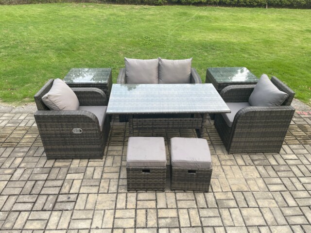 Fimous Rattan Outdoor Garden Furniture Set Rectangular Dining Table and Chair Sofa Set With 2 Side Tables 2 Small Footstools Dark Grey Mixed