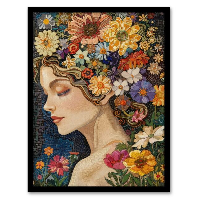 Woman Spring Flower Headdress Mosaic Living Room Black Framed Wall Art Print A4