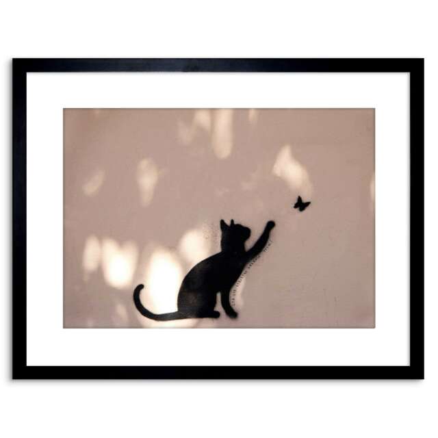 "Photo Cat Butterfly Silhouette Graffiti 9x7"" Black Framed Wall Art Print"