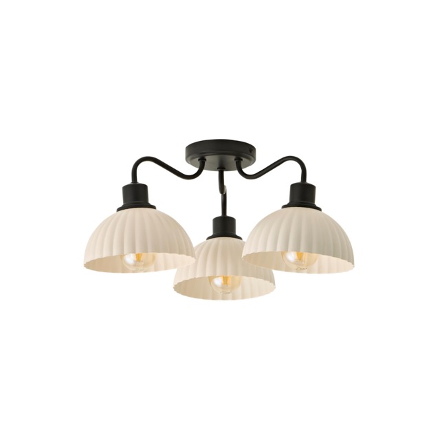 ValueLights Bourton Matte Black 3 Arm Ceiling Light Ribbed Dome Shades Black