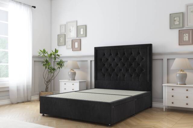 Sloomy Montana Black Naples Divan Bed Base No Drawers With 54 Inch Floor Standing Headboard Black Black Double 1