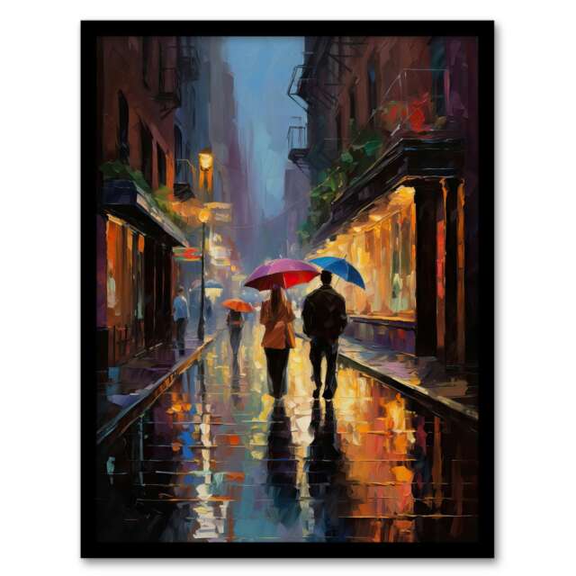 Rainy Romance Colourful Oil Couple Talking Black Framed Wall Art Print A4