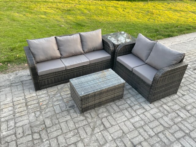Fimous 5 Seater Rattan Wicker Garden Furniture Patio Conservatory Sofa Set with Rectangular Coffee Table 3 Seater Sofa Love Sofa Side Table