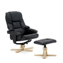 Sorento Bonded Leather Swivel Recliner Armchair Chair w Footstool (Black)