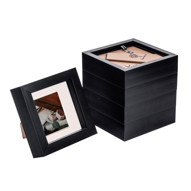 "Nicola Spring 4 x 4"" Photo Frames - Black/Ivory Mount - 3D Picture Frame Box Portrait Display Case (12.5 x 12.5cm) Set of 5"