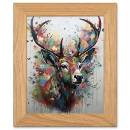 The Butterfly Stag Abstract Soft Pastel Deer Art Oak Wood Framed Wall Print