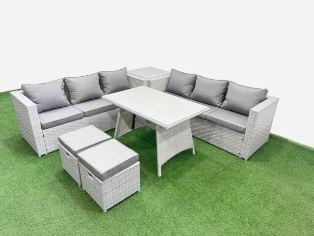 Fimous Rattan Garden Furniture Dining Set 8-seater Patio Rectangular Table 3 Seater Sofa Set with Side Table 2 Small Stools Light Grey