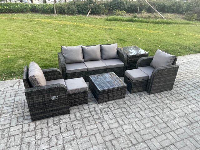 Fimous Garden Furniture Sets 7 Seater Wicker Rattan Furniture Patio Sofa Sets with Reclining Chair 3 Seater Sofa Side Table 2 Small Footstools Dark Grey Mixed