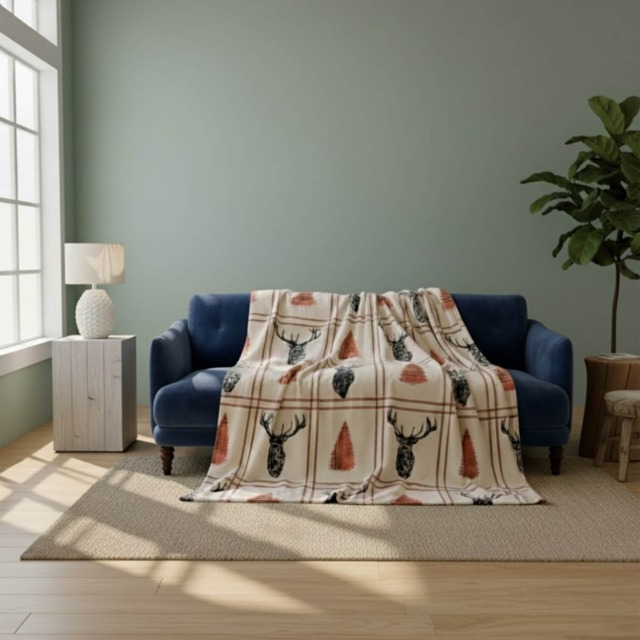 Stag Print Christmas Throw Blanket Cozy Festive Holiday Decor Gift Cream
