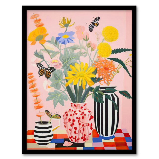 Butterflies Spring Wildflowers Ceramic Vases Black Framed Wall Art Print A4